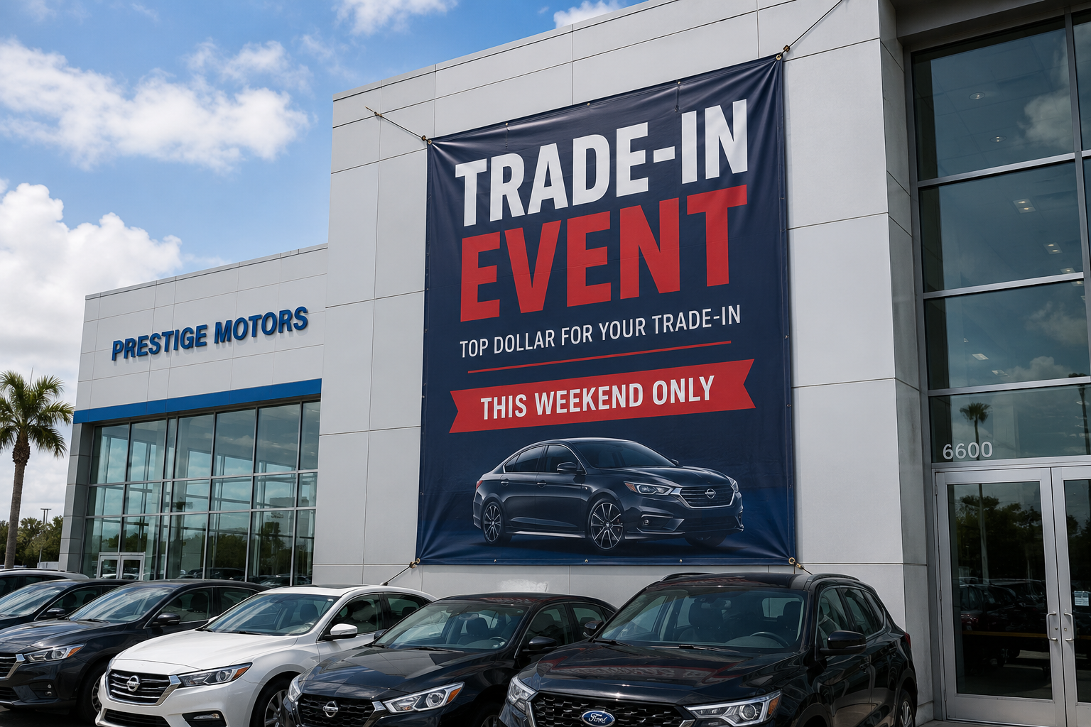 Large outdoor vinyl event banner installed on a dealership storefront in Tampa Bay