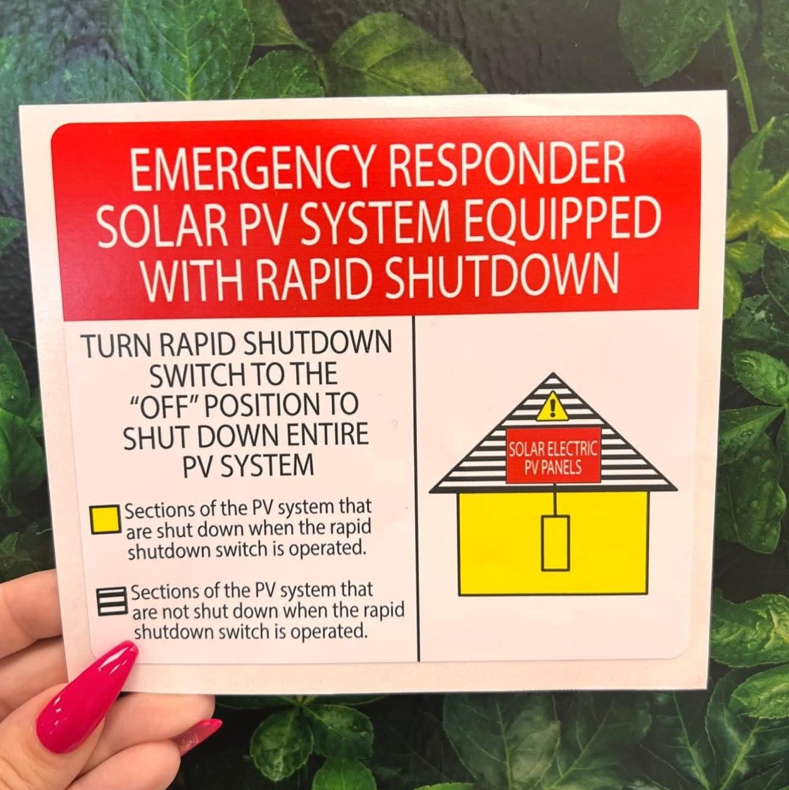 Square Emergency Responder safety placard for a solar PV system equipped with rapid shutdown, featuring a red header and color-coded house diagram, custom-printed by BAPS Signs & Wraps in Oldsmar, FL
