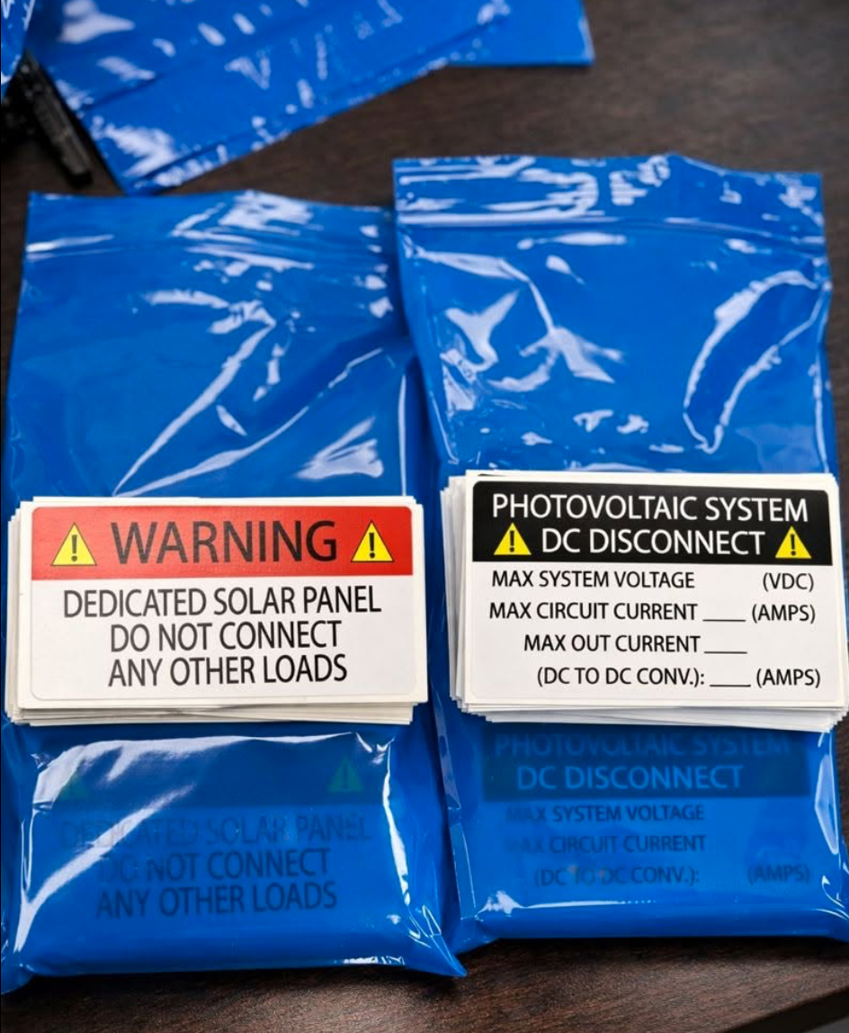 Two stacks of solar installation labels on blue packaging — a red-headed Dedicated Solar Panel warning and a black-headed DC Disconnect data label, custom-printed by BAPS Signs & Wraps in Oldsmar, FL