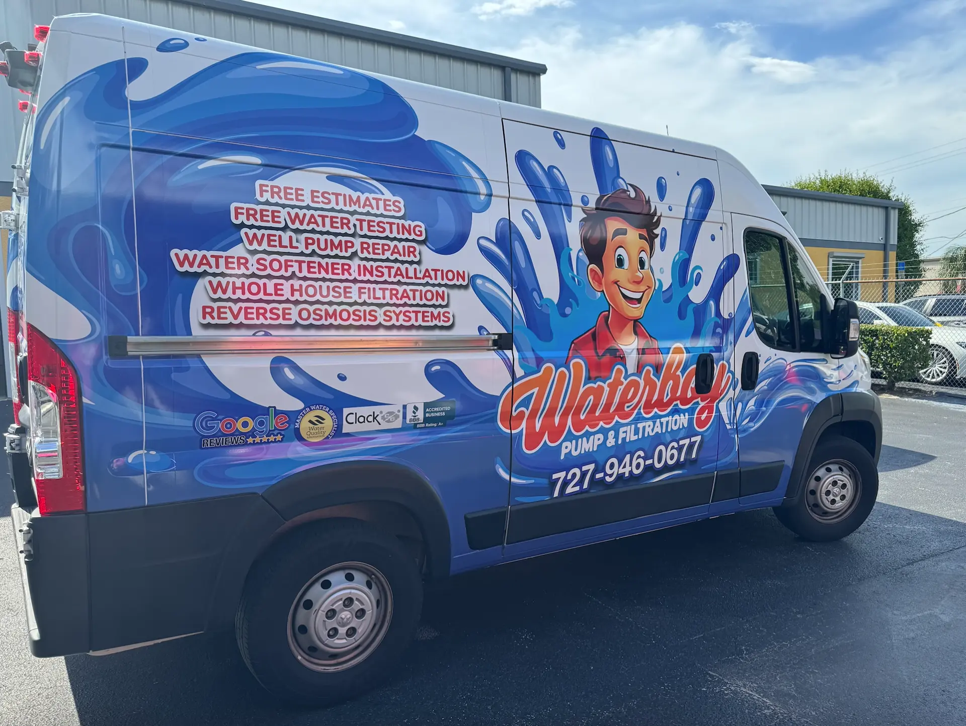 White Ram ProMaster cargo van with blue water splash graphics and red Waterboy Pump & Filtration branding vinyl wrap by BAPS Signs & Wraps in Oldsmar, FL
