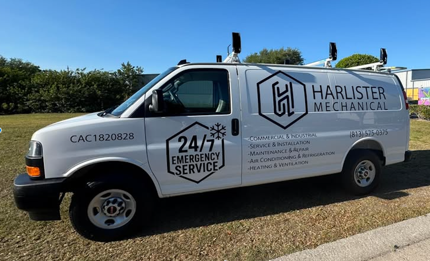 White cargo van with black Harlister Mechanical vinyl lettering, hexagon logo, and 24/7 emergency service graphics installed by BAPS Signs & Wraps in Oldsmar, FL